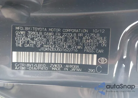 2013 Toyota Prius Four z USA, uszkodzony, nr VIN JTDKN3DU5D1622716